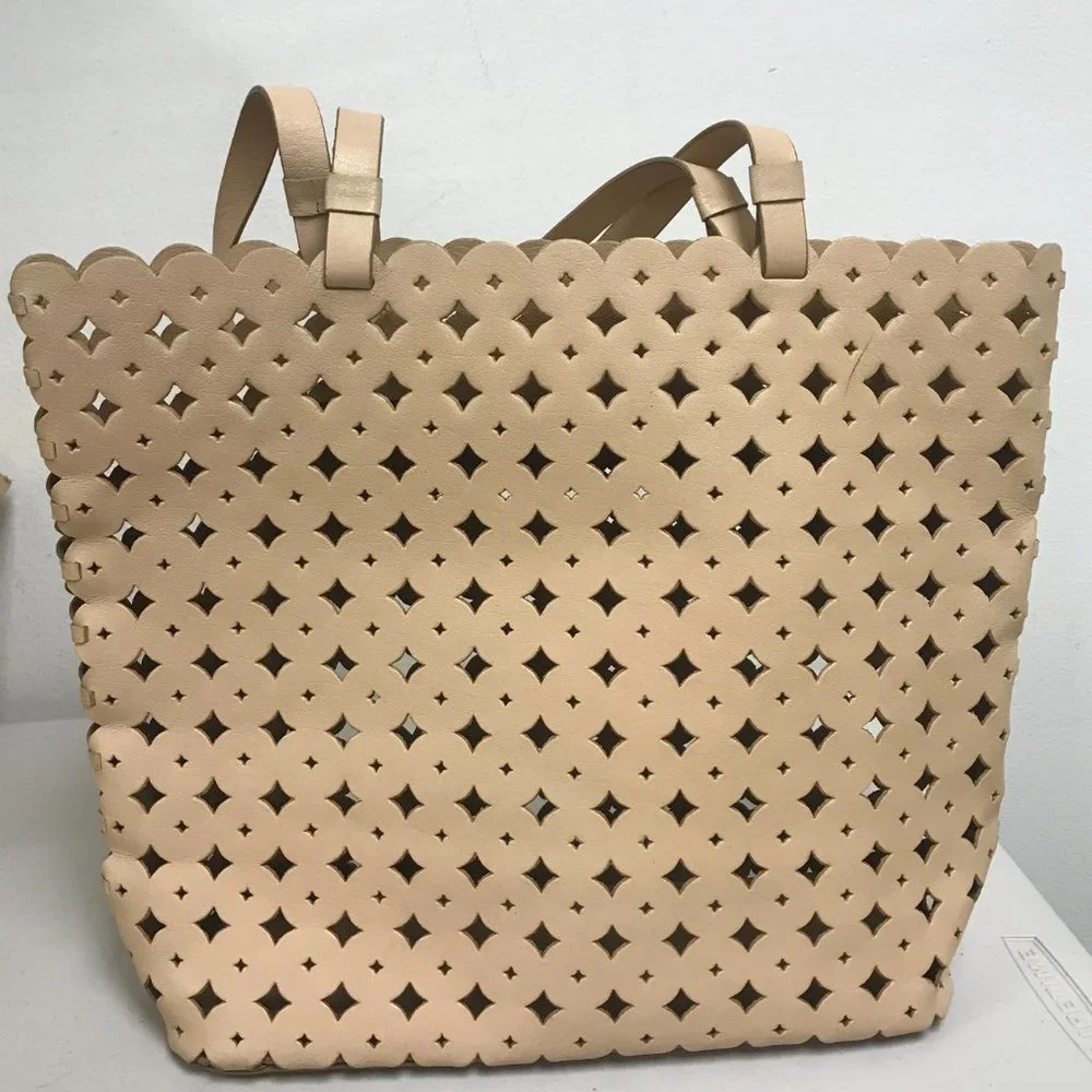 J Crew tan camel perforated leather tote bag